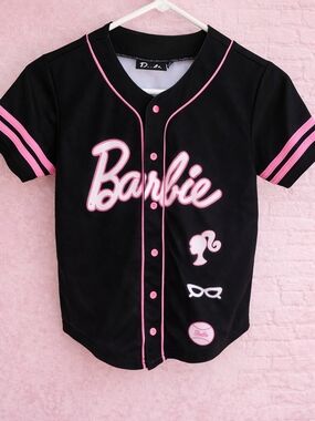 Barbie Black and Pink Baseball Jersey Button Up Top Girls Size 7